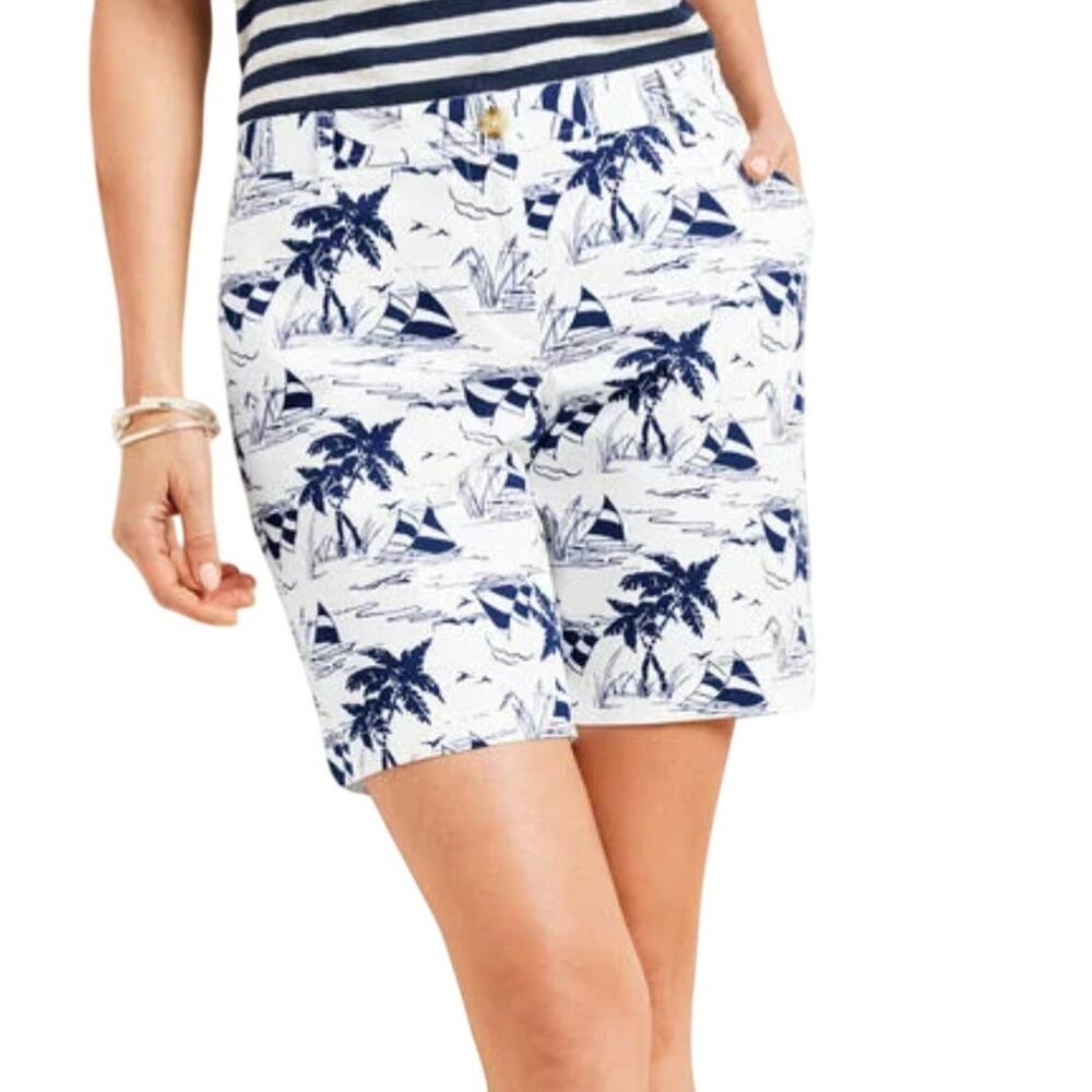 Talbots Relaxed Chino Shorts Womens 8 NWT Blue White Coastal Sailboat Print 7”